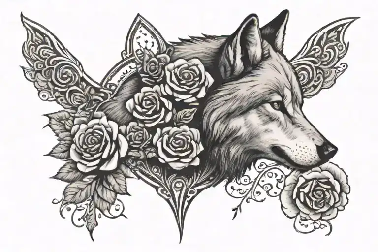 A tattoo that connects two tattoos one a wolf head of the left back shoulder and a half moon and roses on the right back tattoo design idea