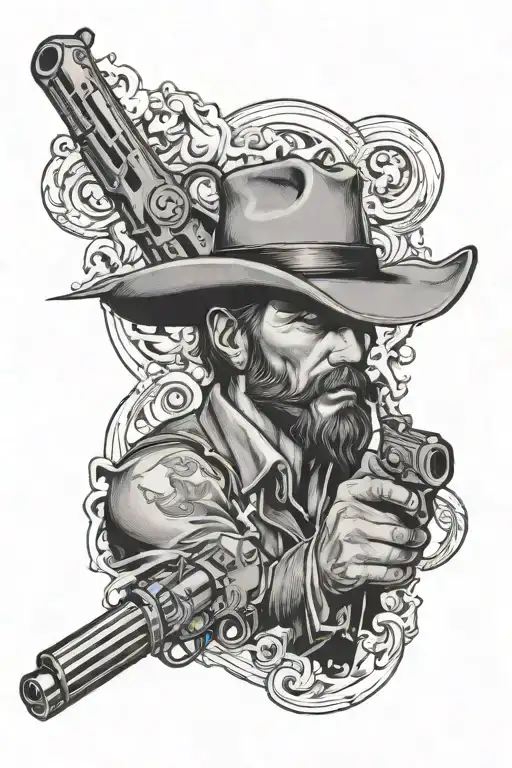 smoking revolver, with a cowboy holding each other tattoo design idea