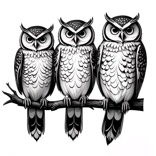 four owls of same size perched on a branch tattoo design idea