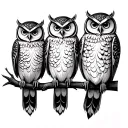 four owls of same size perched on a branch tattoo design idea