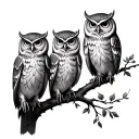 four owls of same size perched on a branch tattoo design idea