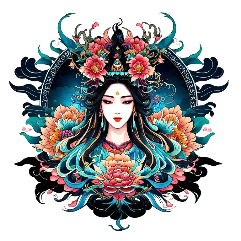 make me full back tattoo with inspiration of 9 godly being, coloerd tattoo design idea