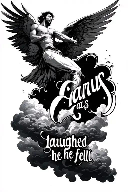 "icarus laughed as he fell " icarus falling through clouds surrounding tattoo design idea