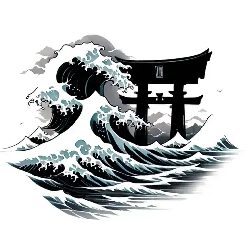 torii gate great wave tattoo design idea