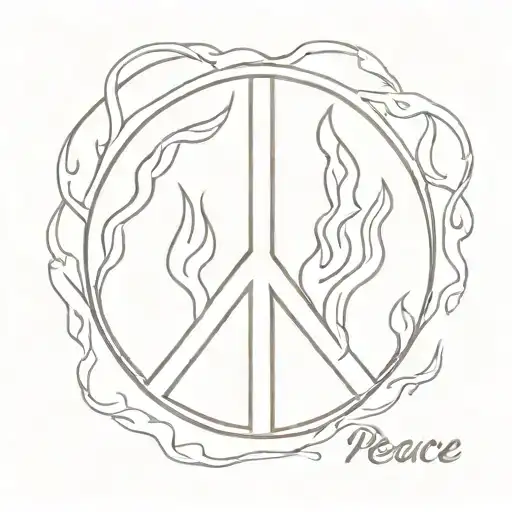 peace sign on fire flames tattoo design idea