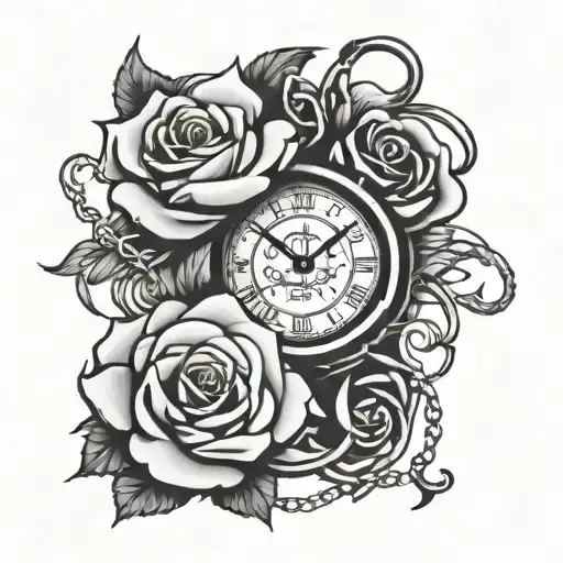 clock face roses broken chain tattoo design idea