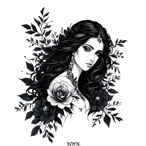 an outline of the goddess nyx with dark floral details to cover an entire outer forearm  tattoo design idea