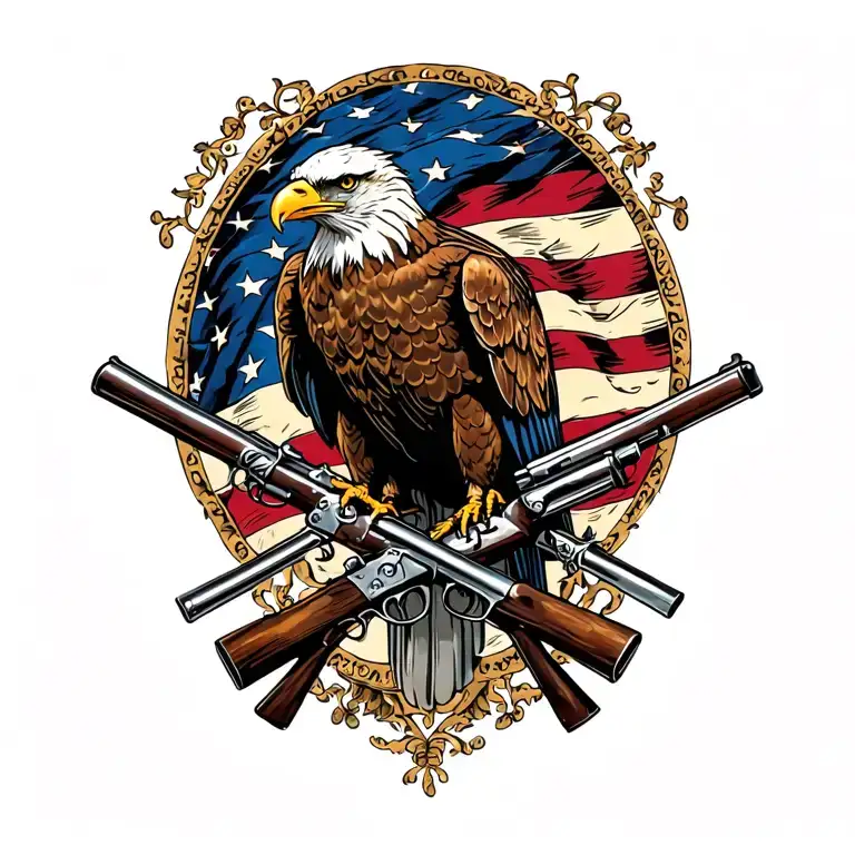 Bald Eagle perched on 2 old muskets crossed like an X with an American flag waving in the background. tattoo design idea