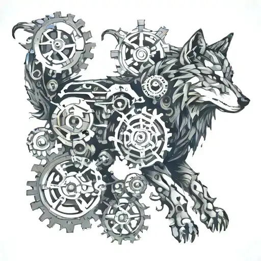 A mechanical wolf with intricate gears and machinery incorporated into its design tattoo design idea
