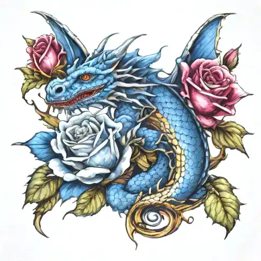 dragon and blue roses  tattoo design idea