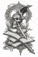 glaive with a magic book behind it  tattoo design idea