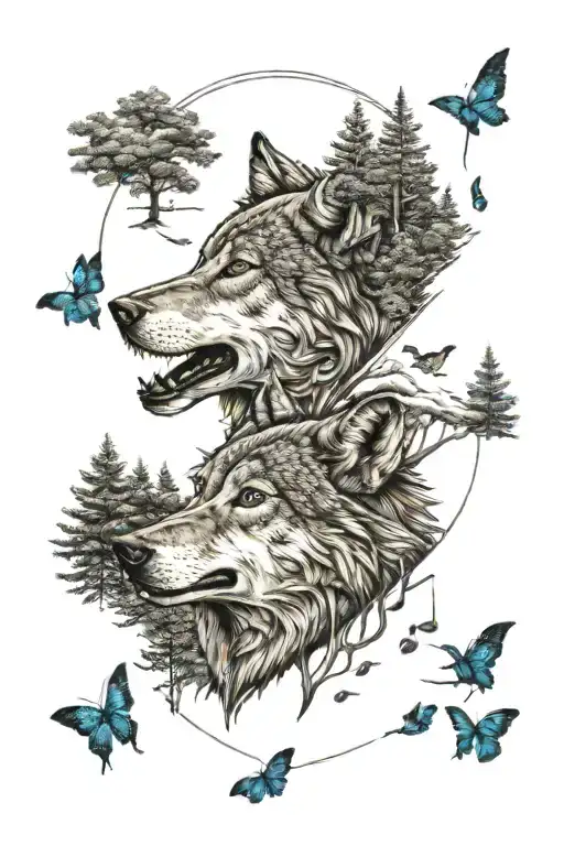 wolf in blue eyes howling forest scene tattoo design idea