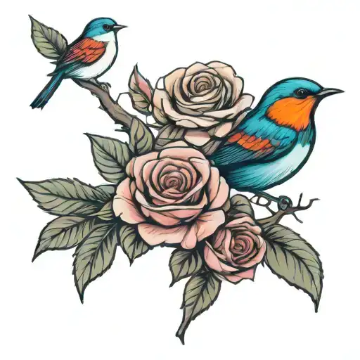 line artistic rose and wren bird tattoo design idea
