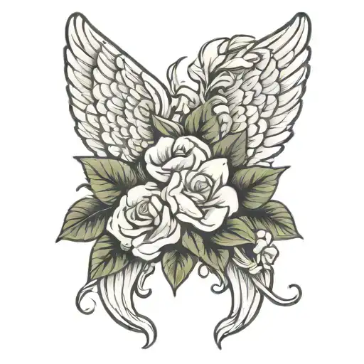 angel wings with gardenia tattoo design idea