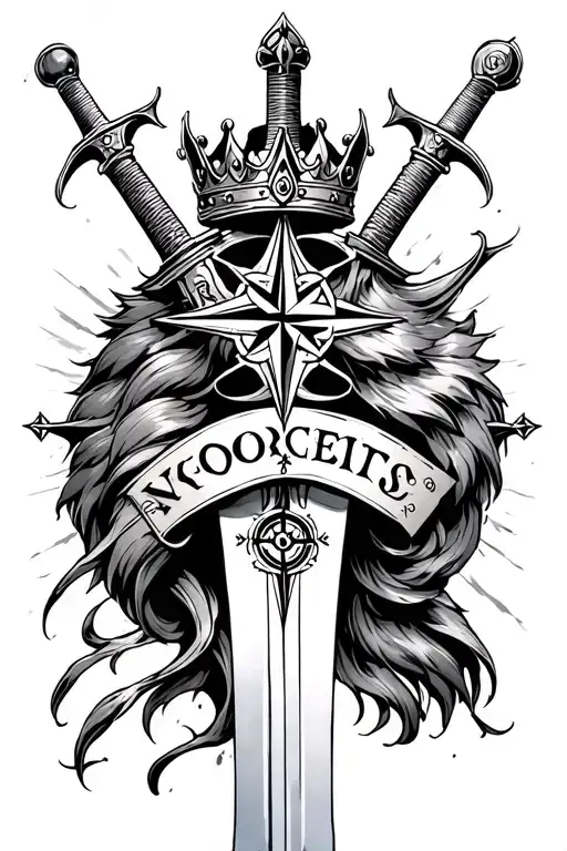 sleeve  with bending knee angle with a sword at the top, loin head with crown Britishmiddle, compass with Nordic accent  tattoo design idea