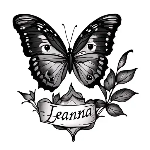 a butterfly with the name Leanna underneath it. happy and sad drama faces somewhere in the tattoo tattoo design idea