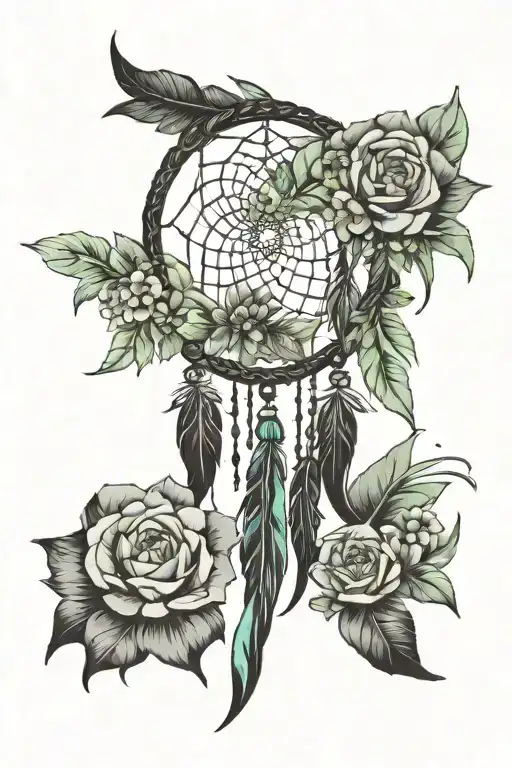 flowers surrounding a dream catcher. All black and gray but the beads are green Jade. Hide the word "Jade" somewhere  tattoo design idea