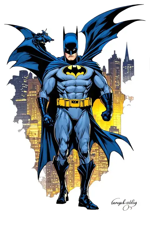 batman in gotham city by night near the batmobile tattoo design idea