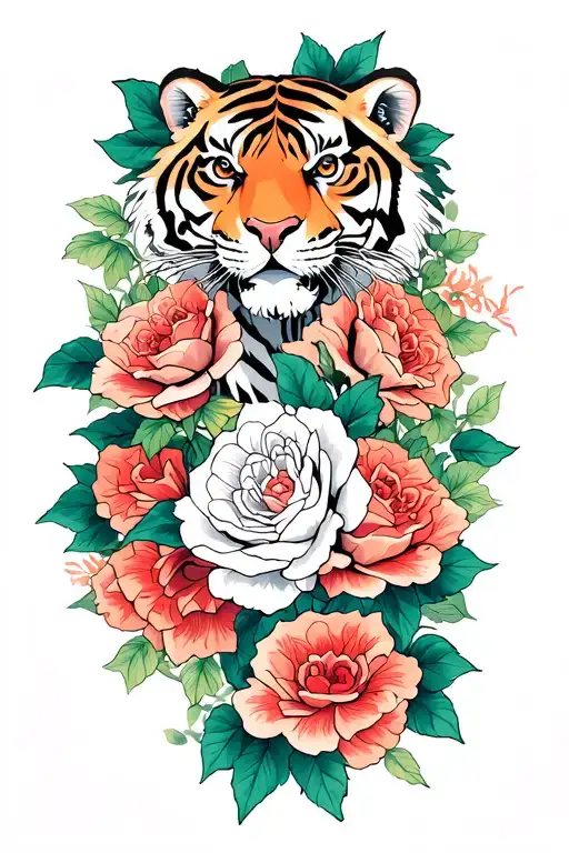 tiger roses intertwined tattoo design idea