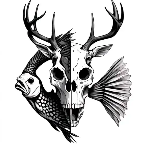 half deer skull and half fish skeleton that forms a skull  tattoo design idea