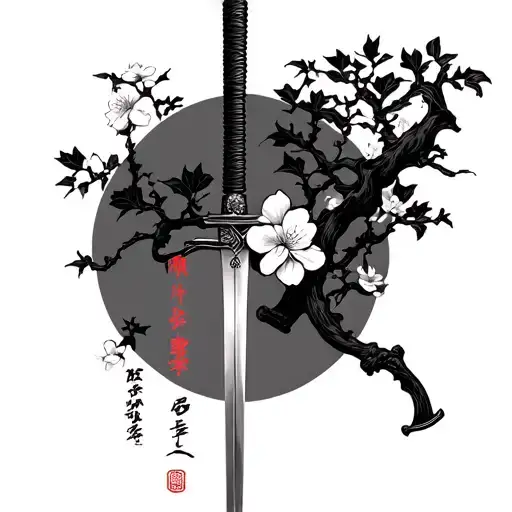 falling cherry blossoms, a katana and the word impermanence  tattoo design idea