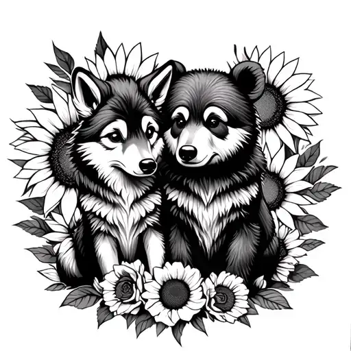  cute baby wolf and bear sitting with sunflowers and roses. black tattoo design idea