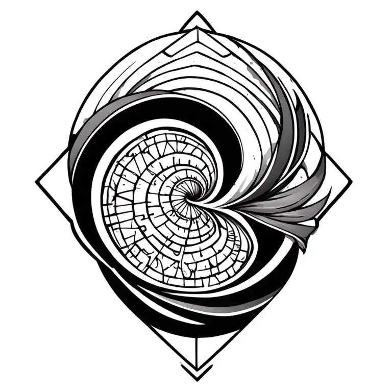 Quarter-sleeve tattoo, greyscale, geometric and ornamental style. Sacred geometry spirals, quantum wave patterns tattoo design idea