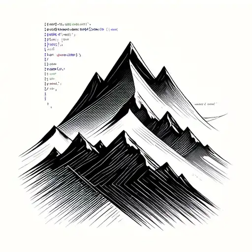 Minimal black line tattoo: abstract mountain, upward arrow, subtle C++ code, circuit lines—symbolizing growth, disciplin tattoo design idea