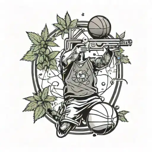 A basketball player shooting hoops with a weed plant growing out of the basketball, surrounded by dice and guns tattoo design idea