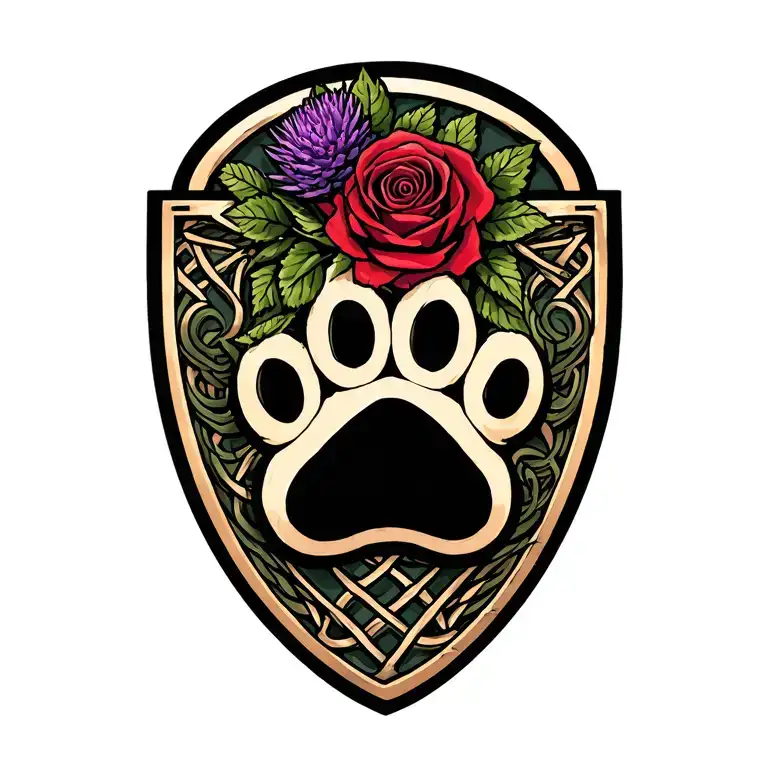 Dog paw print on a crest with english red rose and scottish purple thisle. Celtic and maori theme tattoo design idea