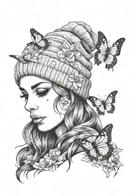 hot girl in beanie with butterfly on hand holding tattoo design idea
