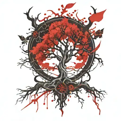 Yggdrasil tree odin hanging tattoo design idea