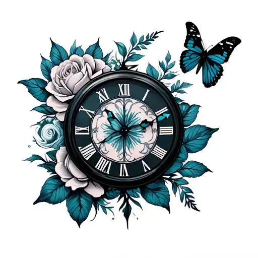 Clock roses butterflies tattoo design idea