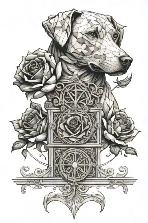 David statue, roses, Roman numerals, white Labrador tattoo design idea