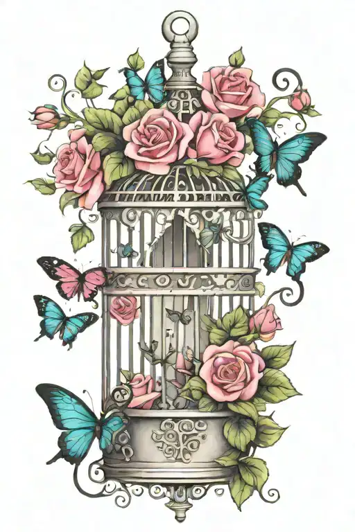 birdcage with teal butterflies flying out of open door surrounded by 3 dark pink roses and ivy tattoo design idea