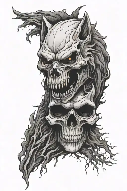 scary skull with angry wholf grouling deep dark eyes looking midnight souronding forest. tattoo design idea