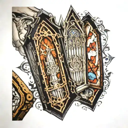 gothic cathedral inside coffin tattoo design idea