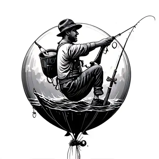 Man fishing in style of banksy balloon boy tattoo design idea