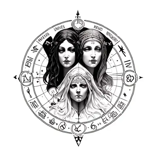 Hekate with 3 faces on top of each other, Pentatram Mond Universum with zodiac sign Aquarius for the right upper arm tattoo design idea