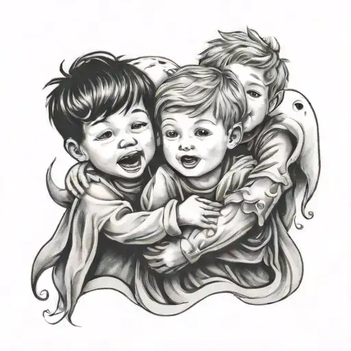 little boy hugging two ghosts tattoo design idea