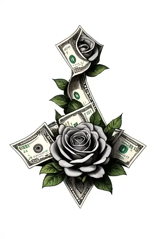 throat tattoo featuring 100 dollar bills forming the shape with roses tattoo design idea
