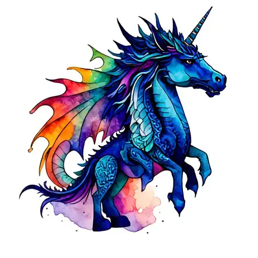 an midieval dragon beside a mythical unicorn made tattoo design idea