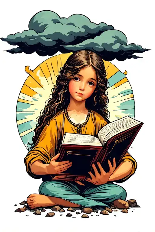 little girl reading the Bible with dark clouds over her and a rocky road facing a bright future  tattoo design idea