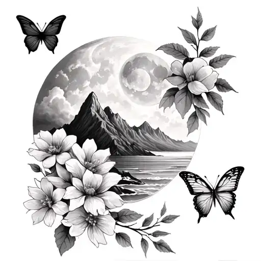 mountains, ocean, moon, sun, flowers, butterfly, trees, clouds tattoo design idea