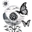 mountains, ocean, moon, sun, flowers, butterfly, trees, clouds tattoo design idea