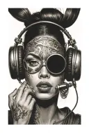 woman blindfolded with headphones shushing tattoo design idea