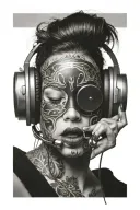woman blindfolded with headphones shushing tattoo design idea