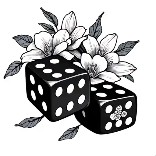 two dices with flowers. i want the tatoo style to be black and white but also thin and elegant.  tattoo design idea