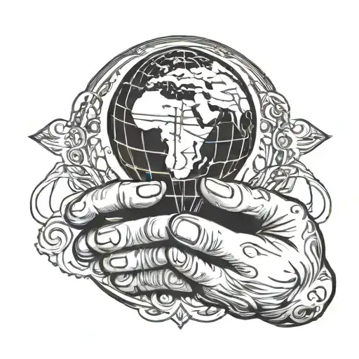 cross, earth globe, pray hands tattoo design idea