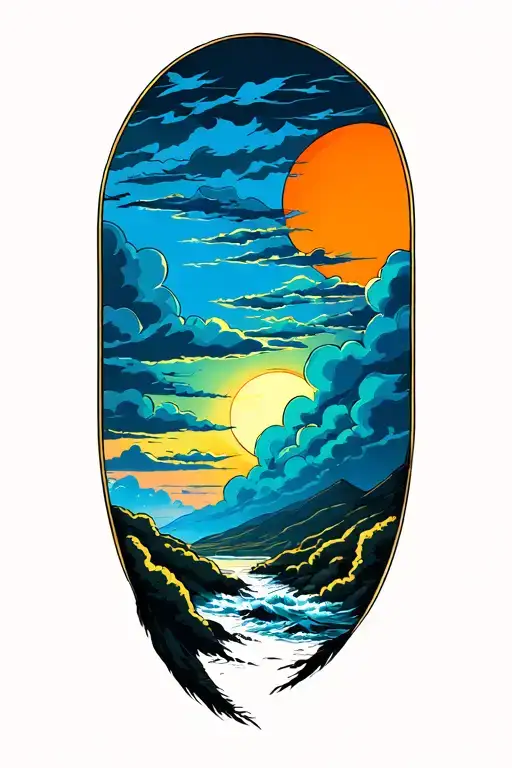 stormy sky transitioning to a rising sun shining tattoo design idea